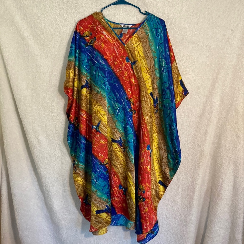 Winlar Vintage Caftan Kaftan Rainbow Bird Print Maxi MuMu Dress